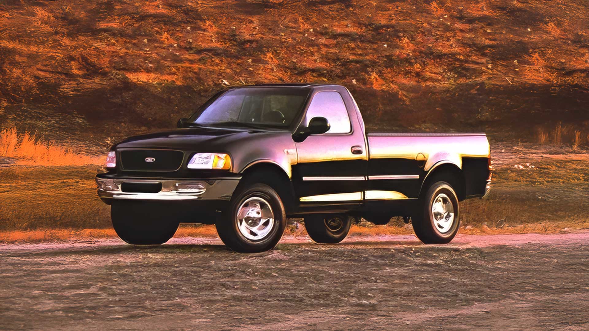 black ford f-150 regular cab truck at sunset