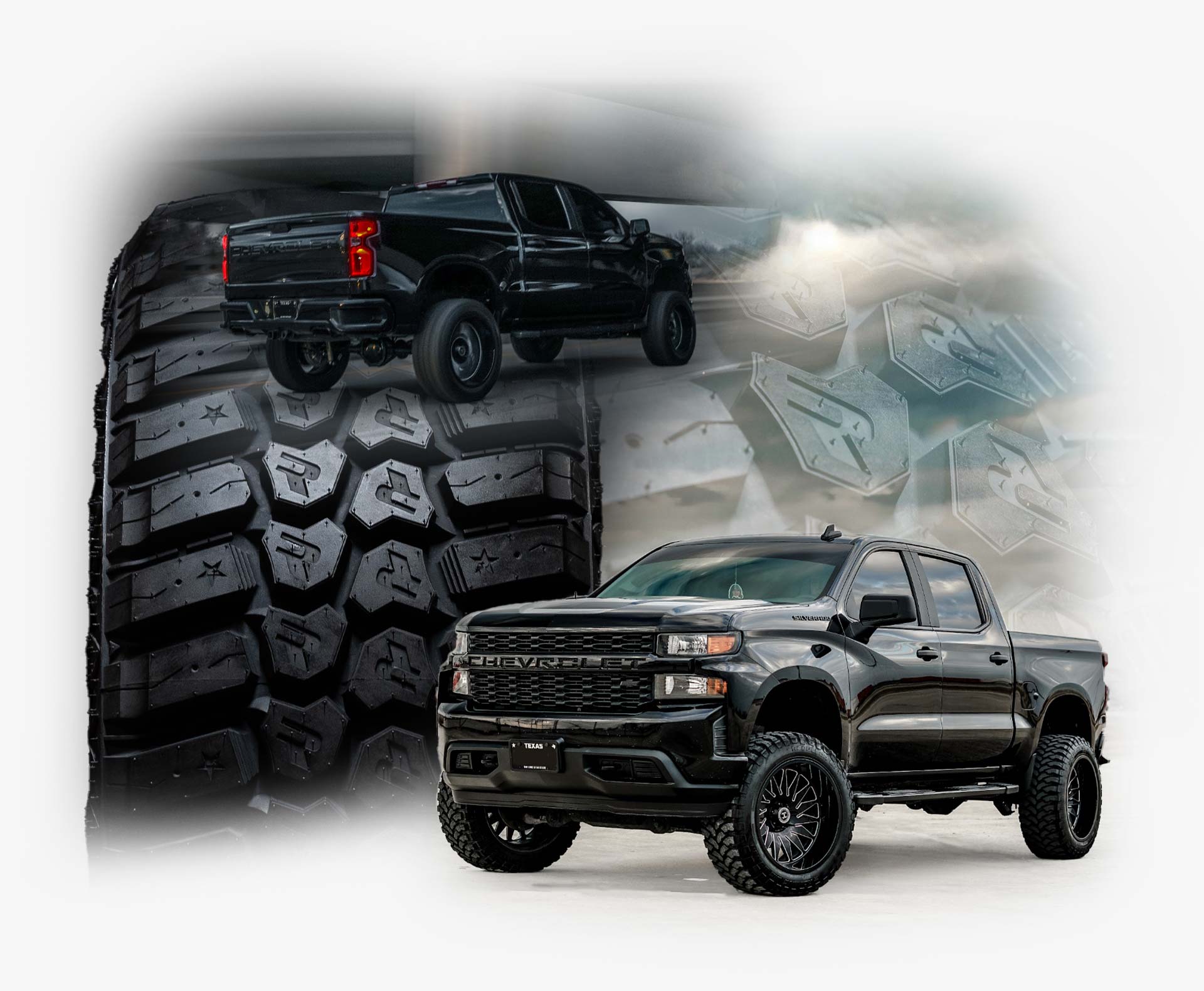 A graphic design image of RBP tires and a Chevy Silverado