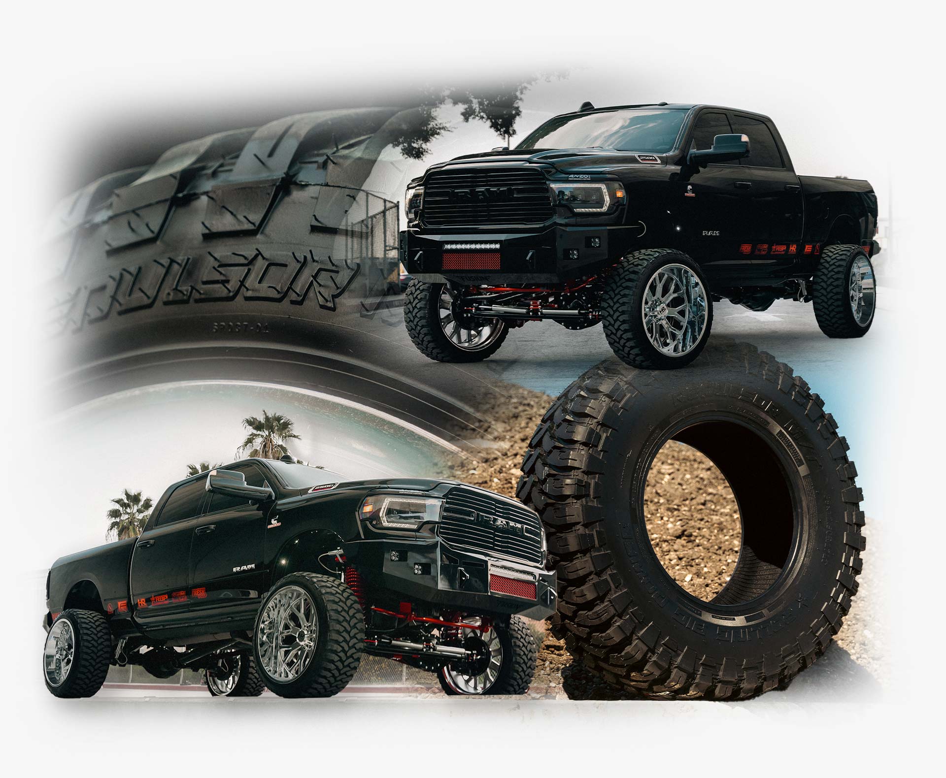 A graphic design image of RBP tires and a Dodge RAM 2500