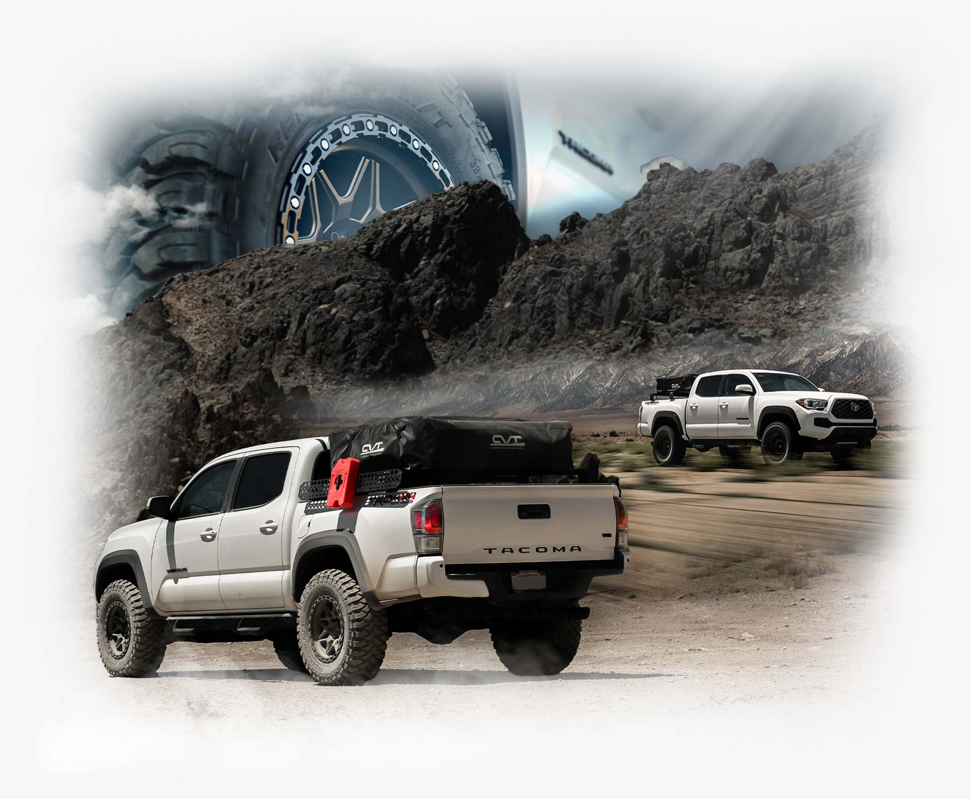 A graphic design image of RBP tires and a Toyota Tacoma