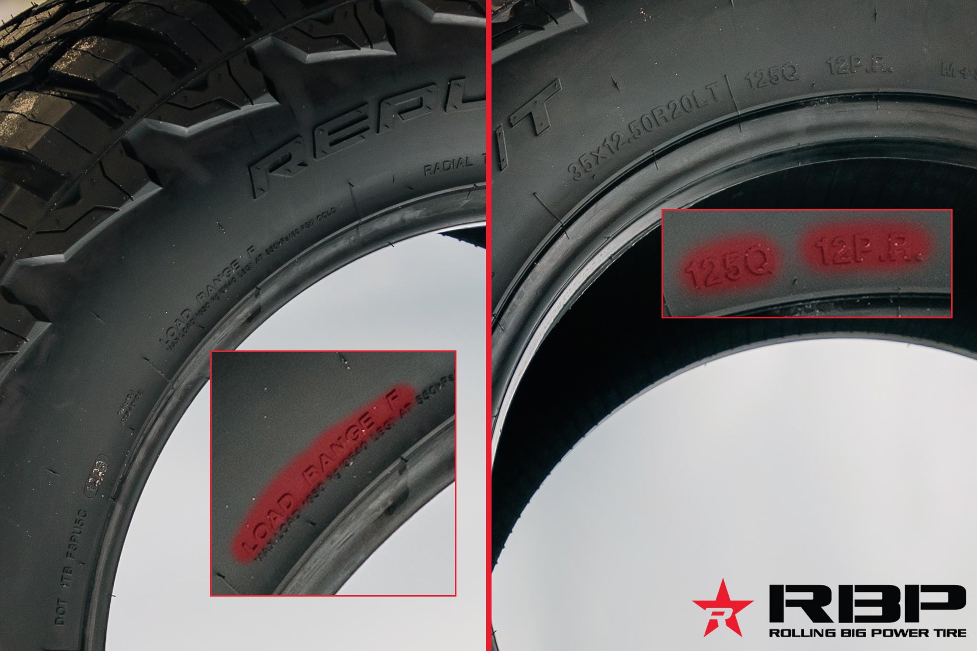 load range and load index ratings shown on repulsor r/t tire