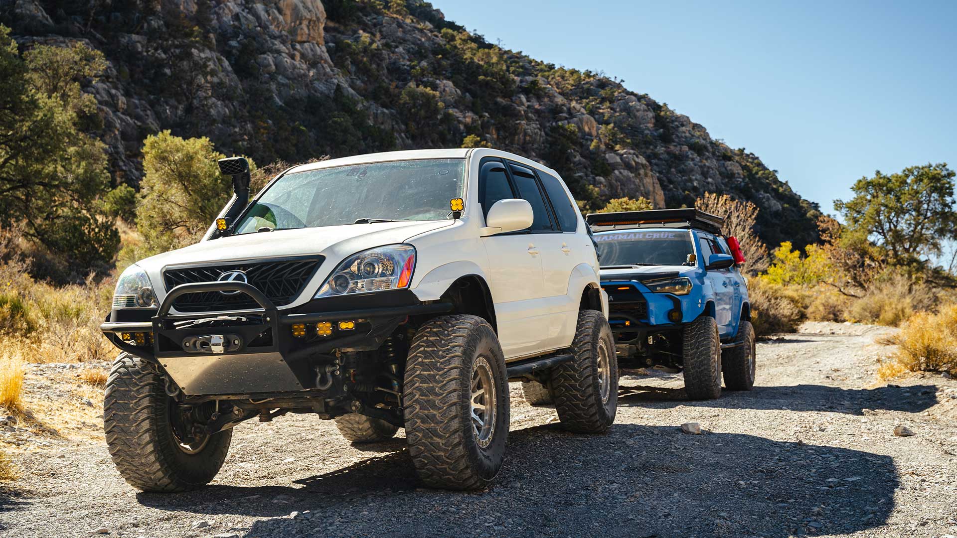 overland lexus gx and toyota 4runner on off road trail in nevada